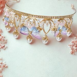 Gold Butterfly Pearl Tiara Crown - Rhinestone Princess Headpiece for Wedding
